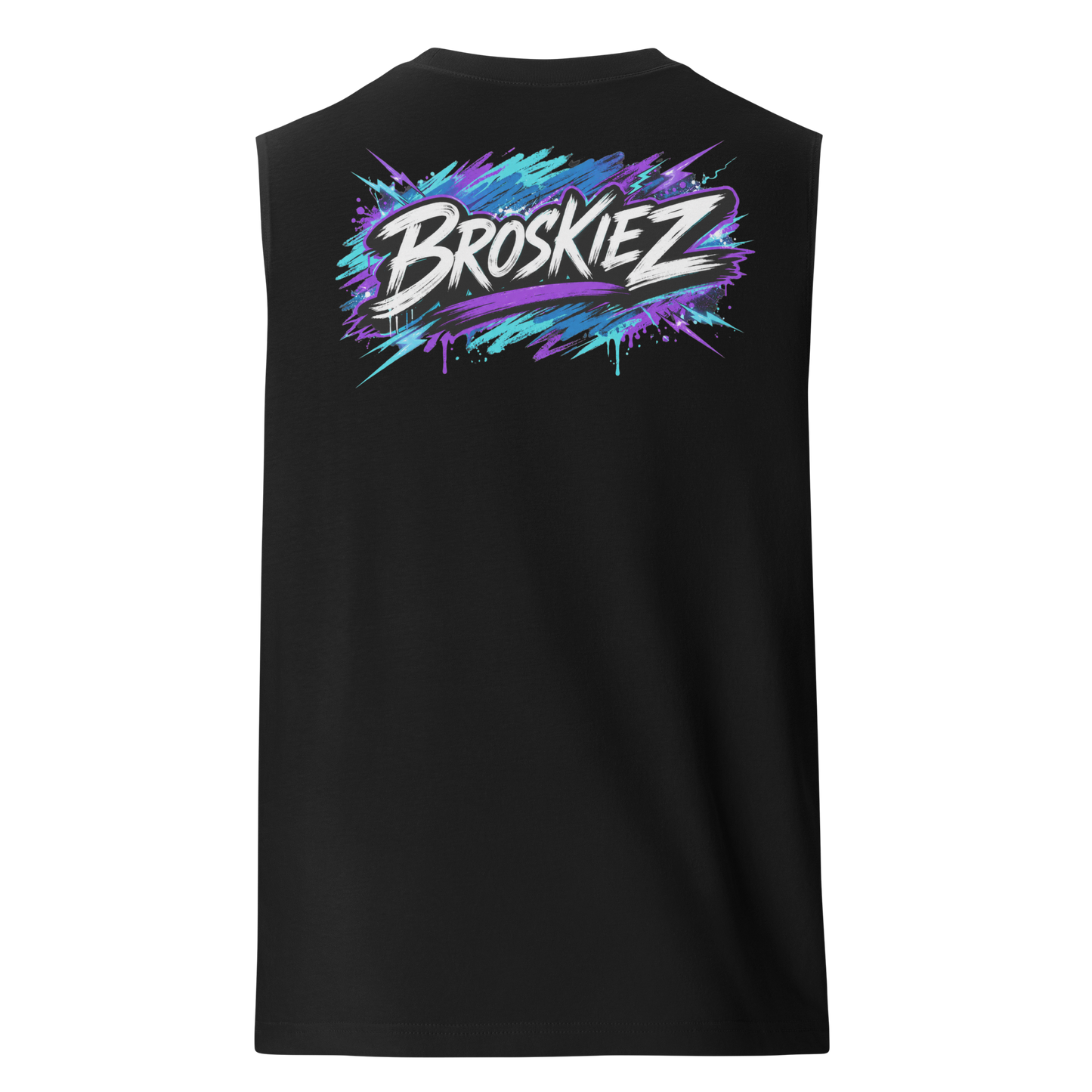 Black sleeveless shirt with colorful 'Broskiez' design on a white background