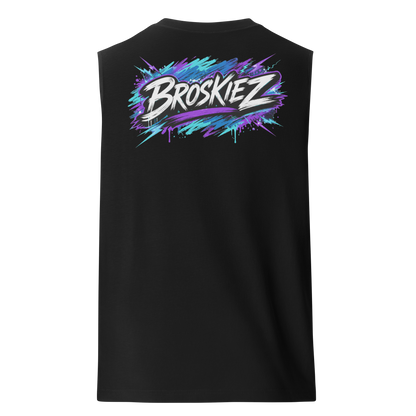 Black sleeveless shirt with colorful 'Broskiez' design on a white background