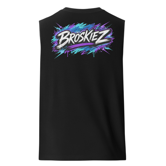 Black sleeveless shirt with colorful 'Broskiez' design on a white background